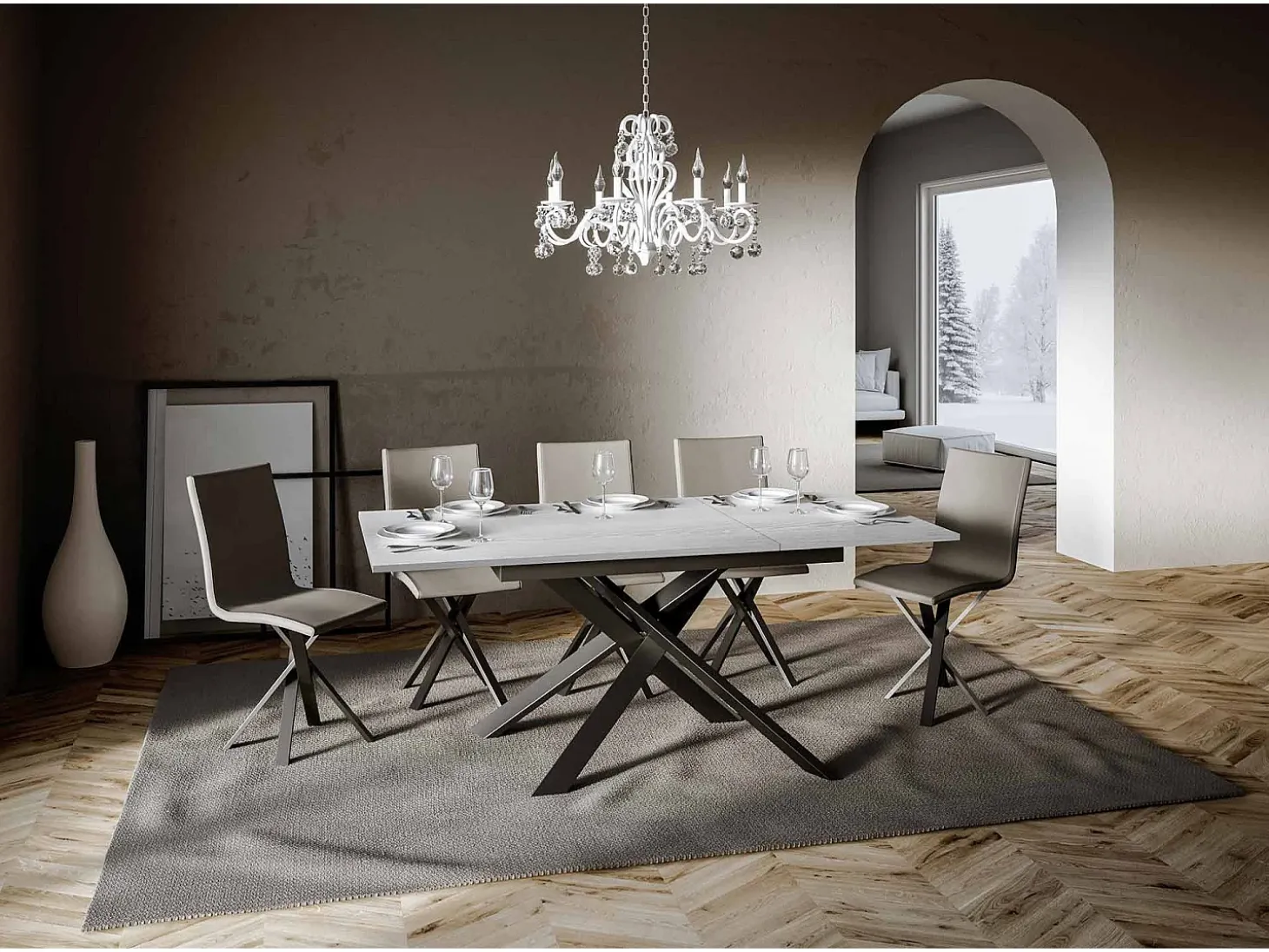 Mesa extensible 90x120/180 cm Ganty Fresno Blanco - canto del mismo color que la estructura Antracita