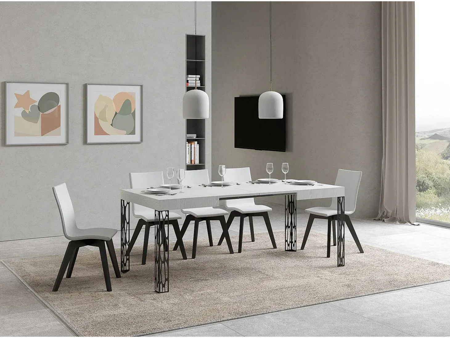 Mesa extensible 80x120/204 cm Ghibli Fresno Blanco estructura Antracita
