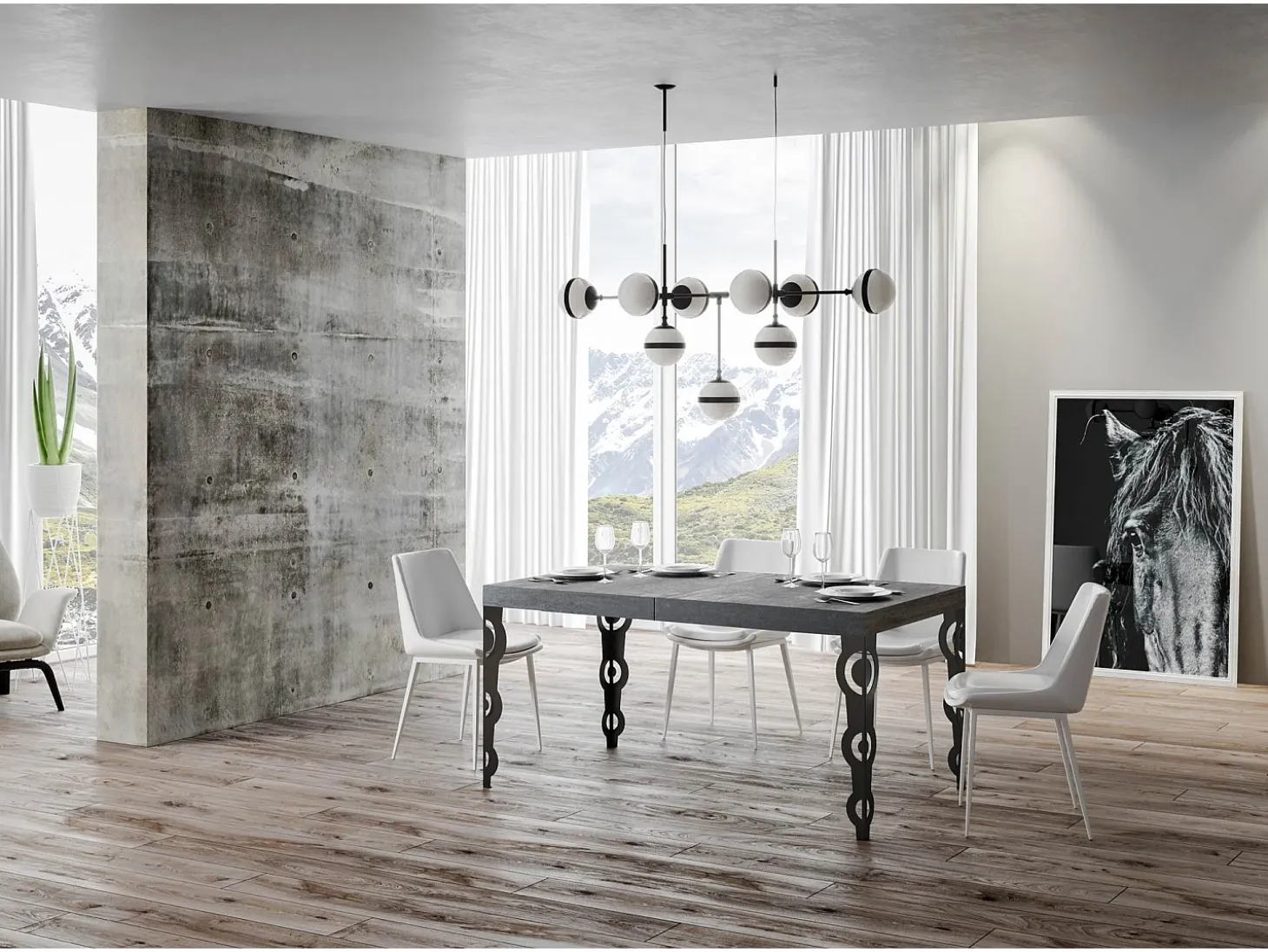Mesa extensible 200/304x90 cm Karamay cemento patas antracita