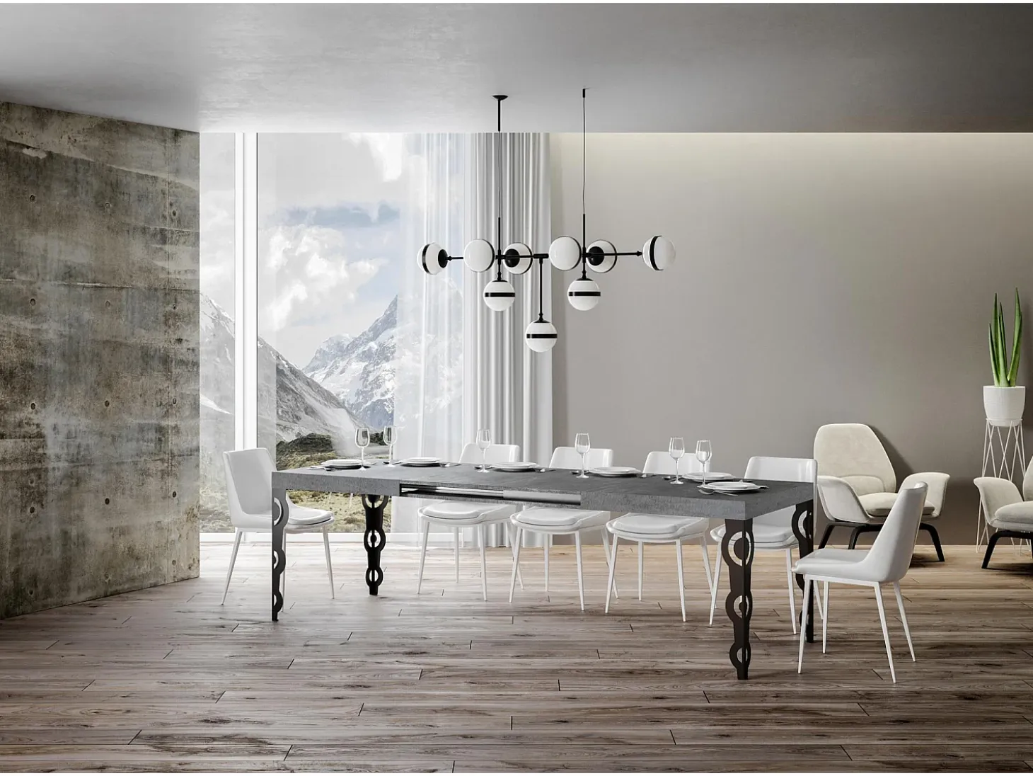 Mesa extensible 200/304x90 cm Karamay cemento patas antracita