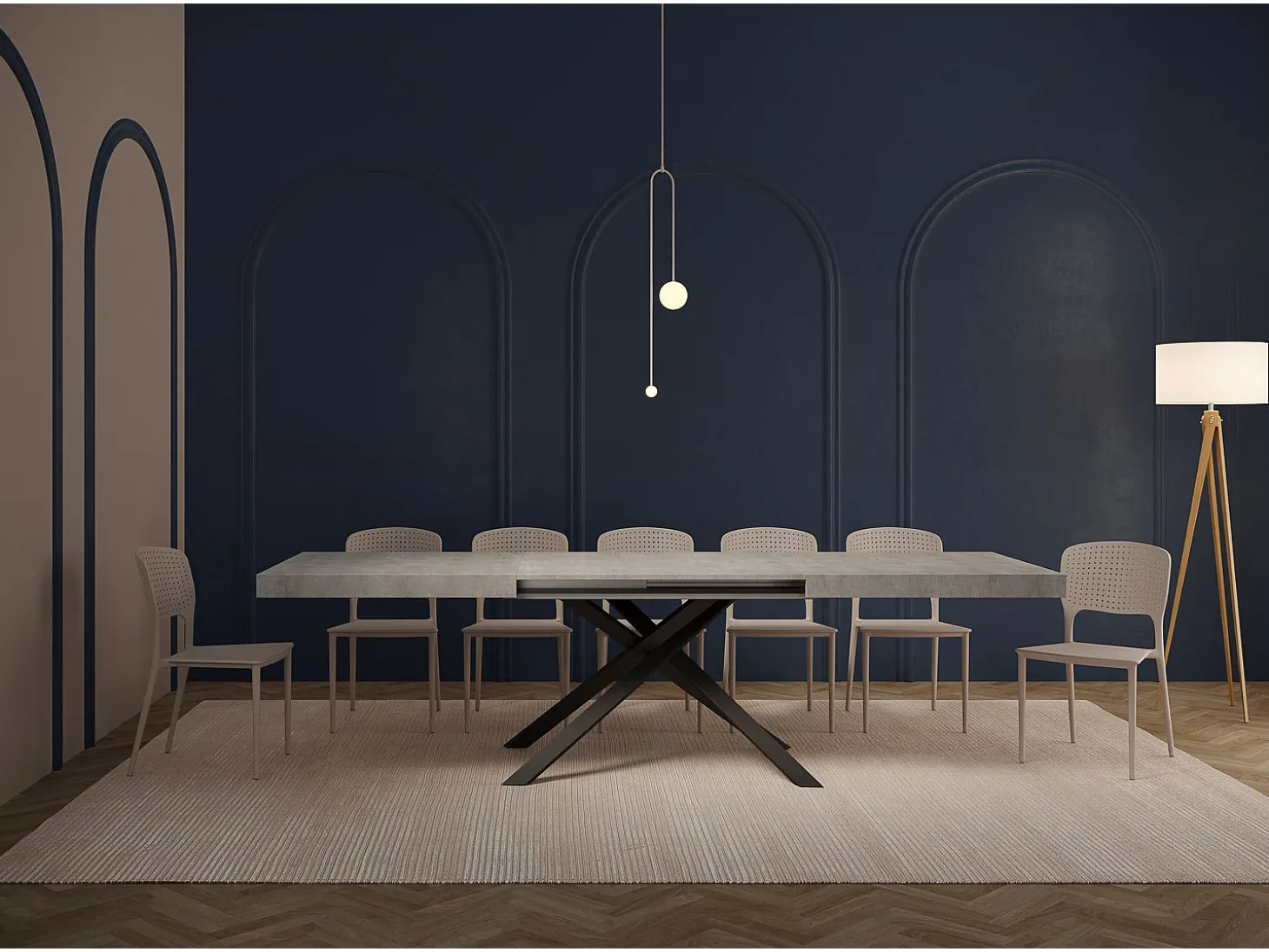 Mesa extensible 160/244x80 cm Karida cemento patas blancas