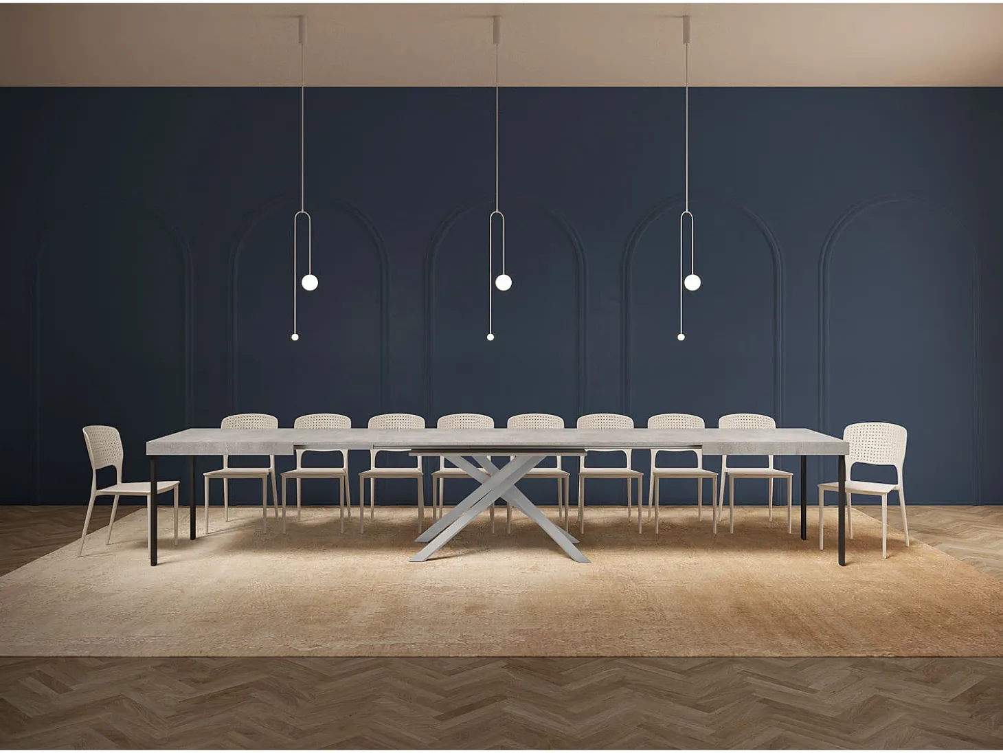 Mesa extensible 200/460x90 cm Karida efecto cemento patas blancas