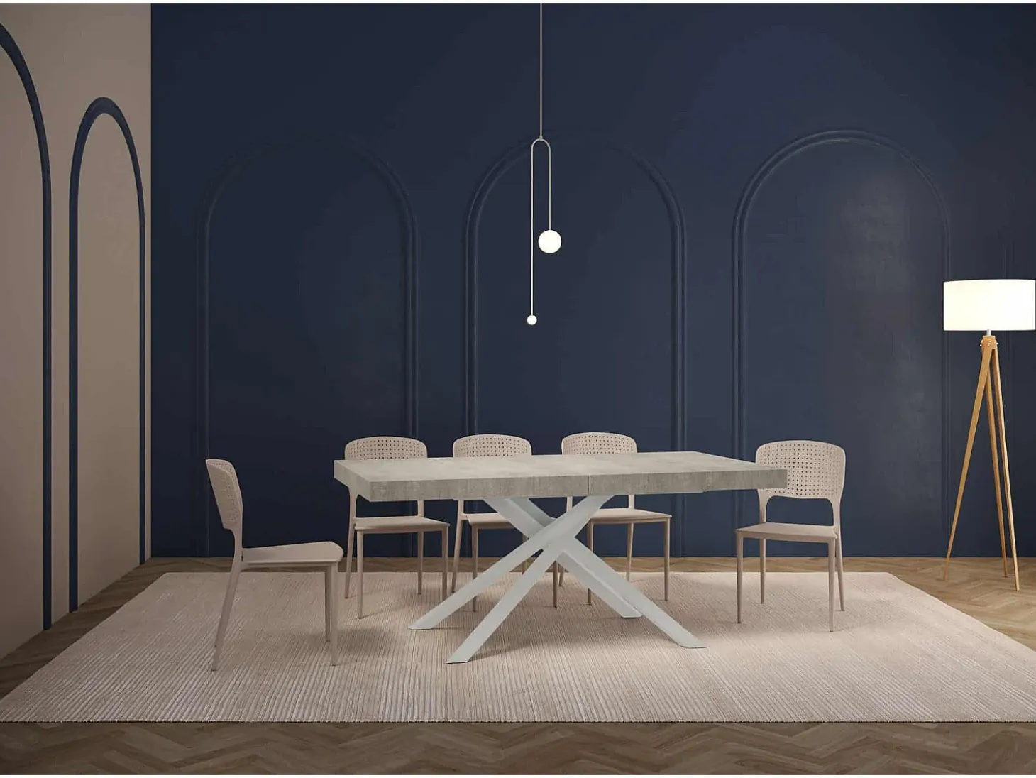 Mesa extensible 200/460x90 cm Karida efecto cemento patas blancas