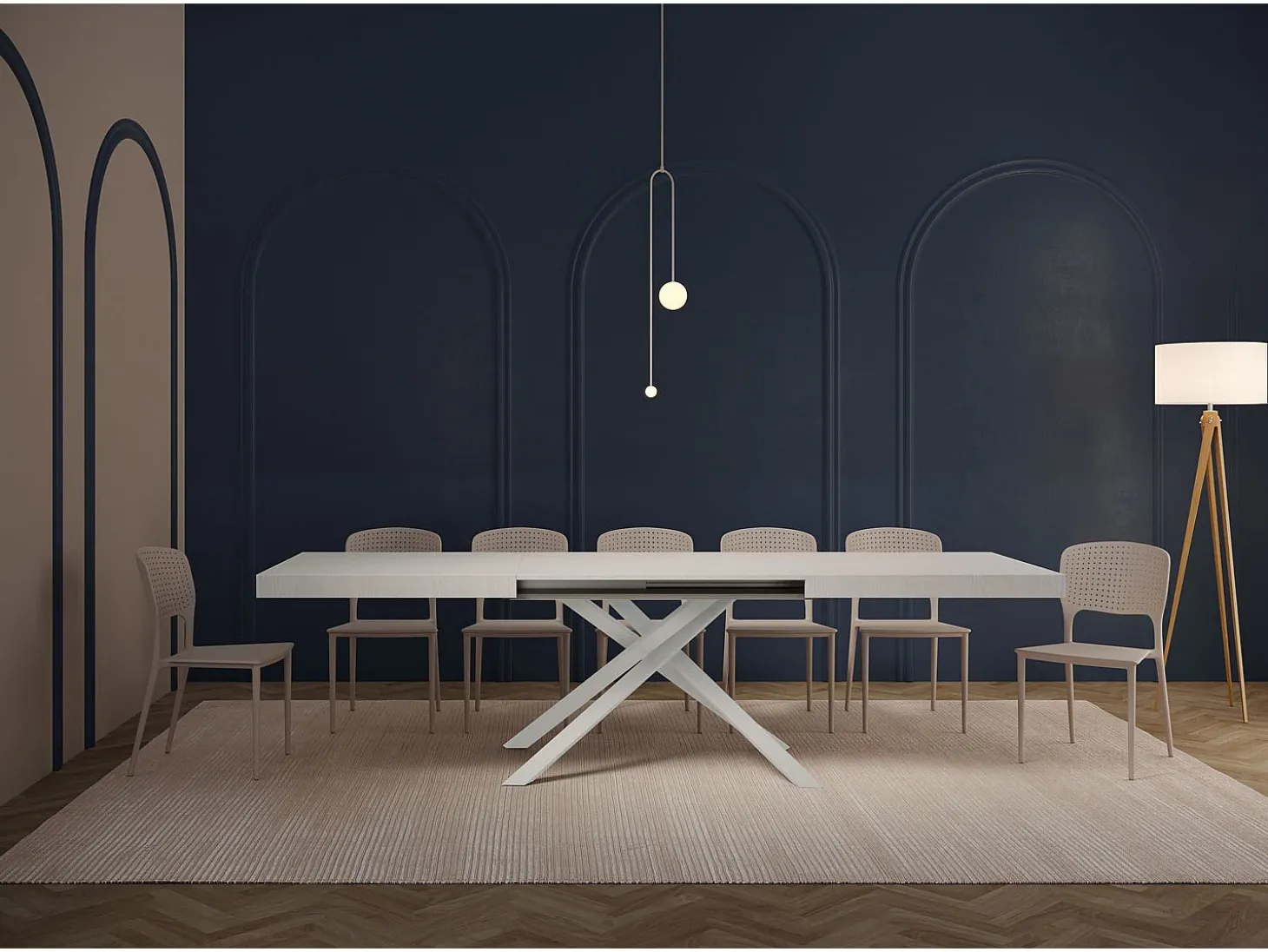 Mesa extensible 200/460x90 cm Karida efecto madera fresno blanco patas blancas