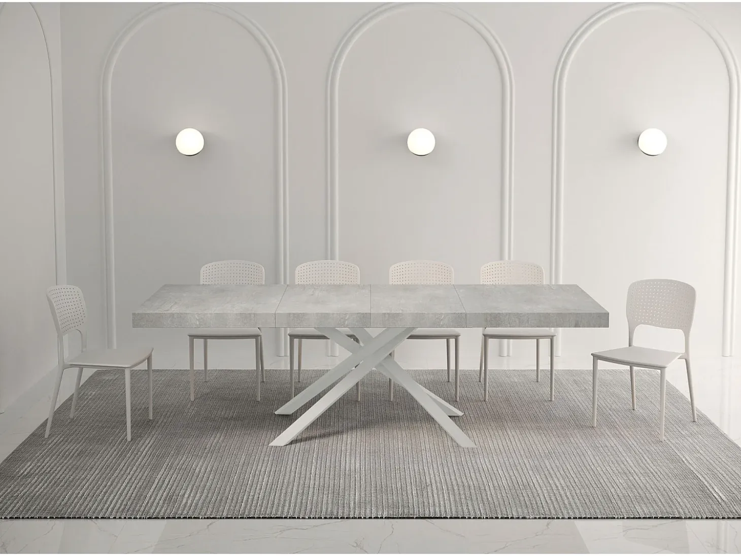 Mesa extensible 160/264x90 cm Karida Premium cemento patas blancas