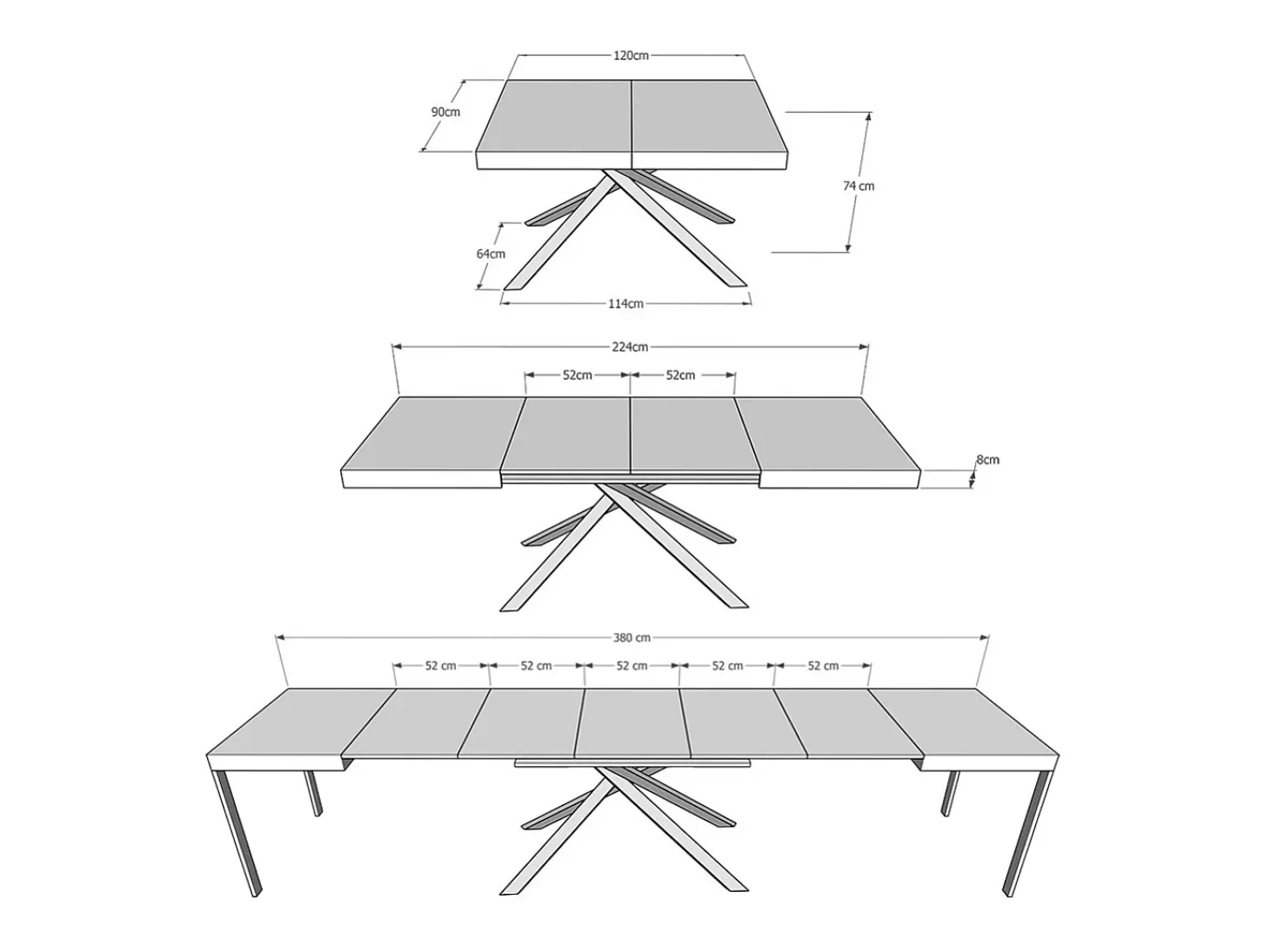 Mesa extensible 120/380x90 cm Karida Evolution cemento estructura et patas antracita