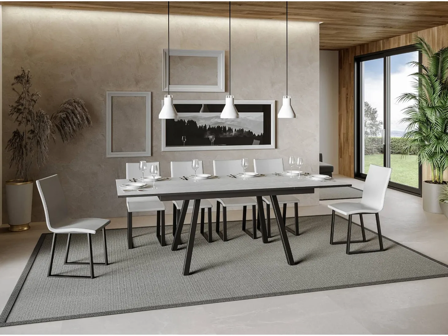 Mesa extensible 90x160/220 cm Mirhi Fresno Blanco estructura Antracita