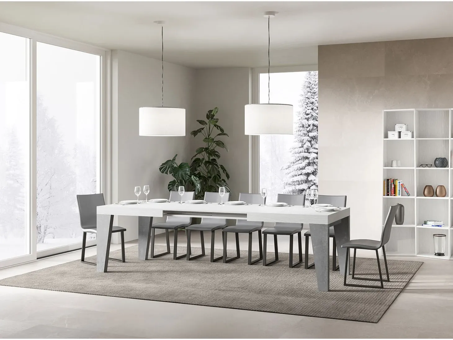 Mesa extensible 90x180/284 cm Naxy Mix Tapa fresno blanco - Patas cemento
