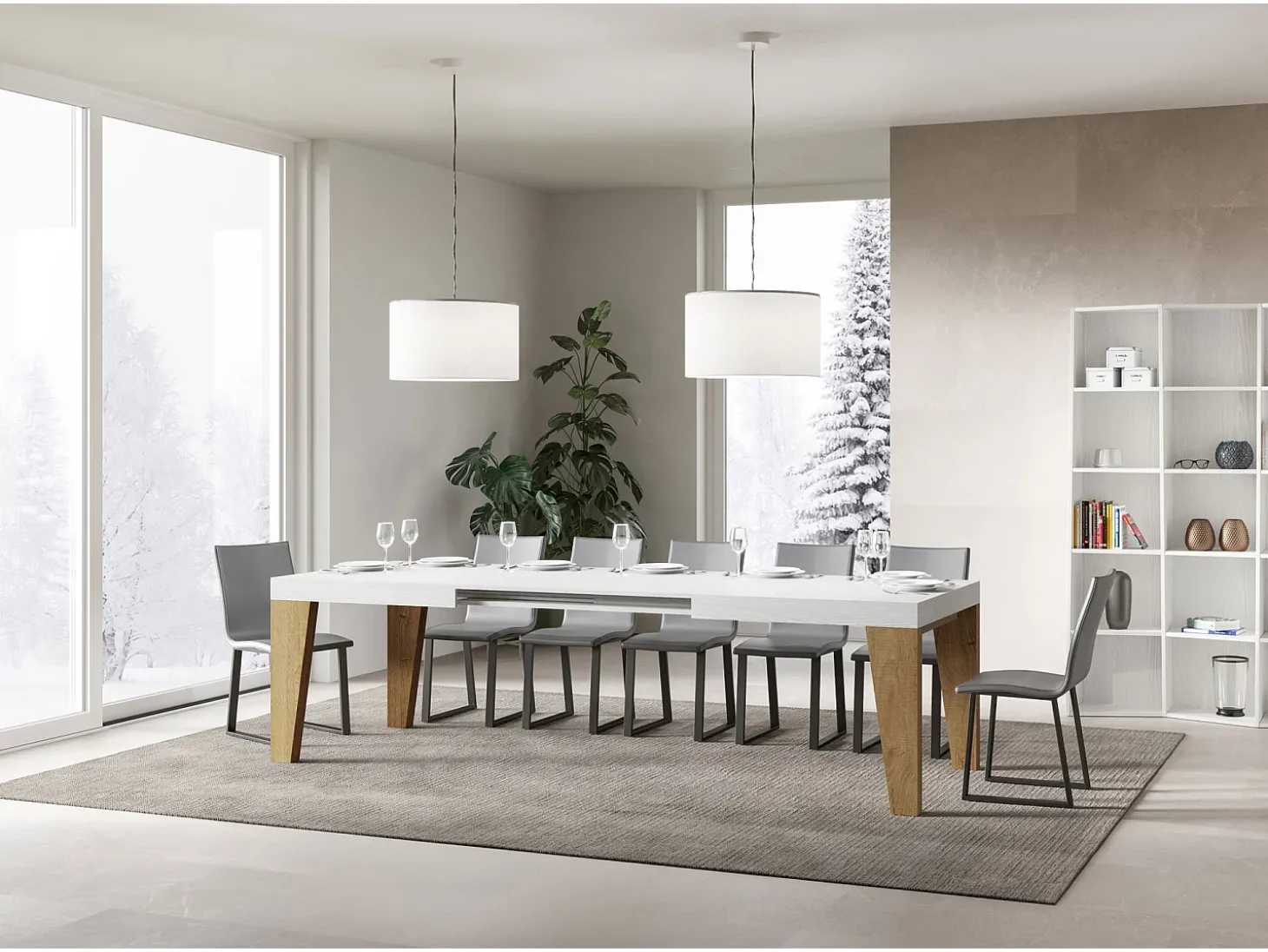 Mesa extensible 90x180/284 cm Naxy Mix Tapa Fresno Blanco - Patas Roble Nature