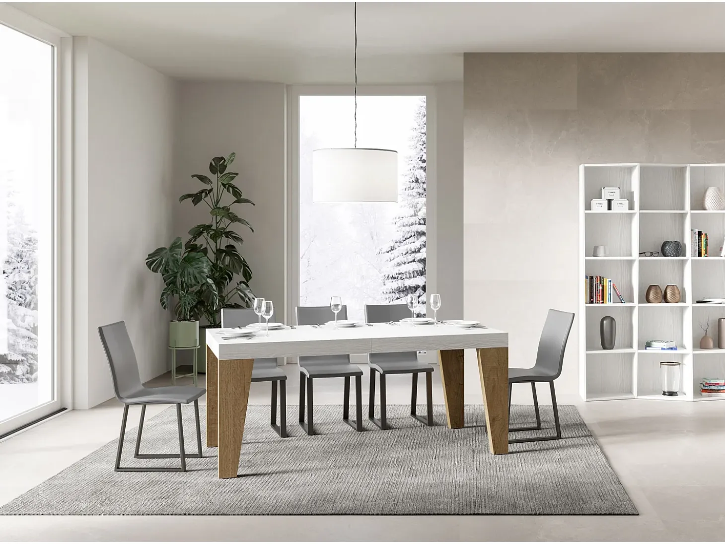 Mesa extensible 90x180/284 cm Naxy Mix Tapa Fresno Blanco - Patas Roble Nature
