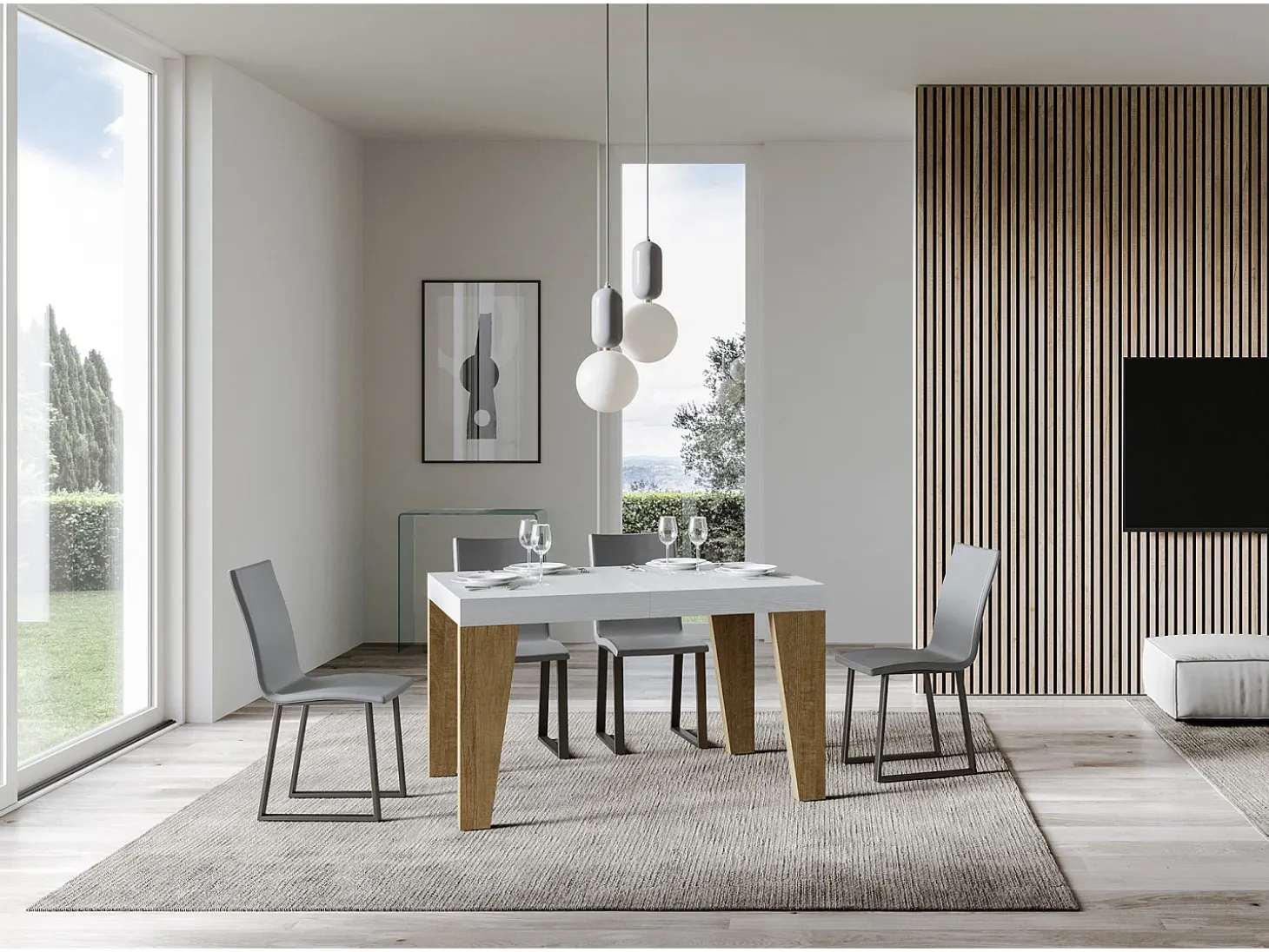 Mesa extensible 90x130/390 cm Naxy Mix Tapa Fresno Blanco - Patas Roble Nature