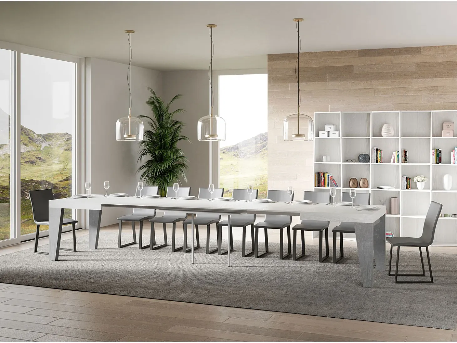 Mesa extensible 90x180/440 cm Naxy Mix Tapa fresno blanco - Patas cemento