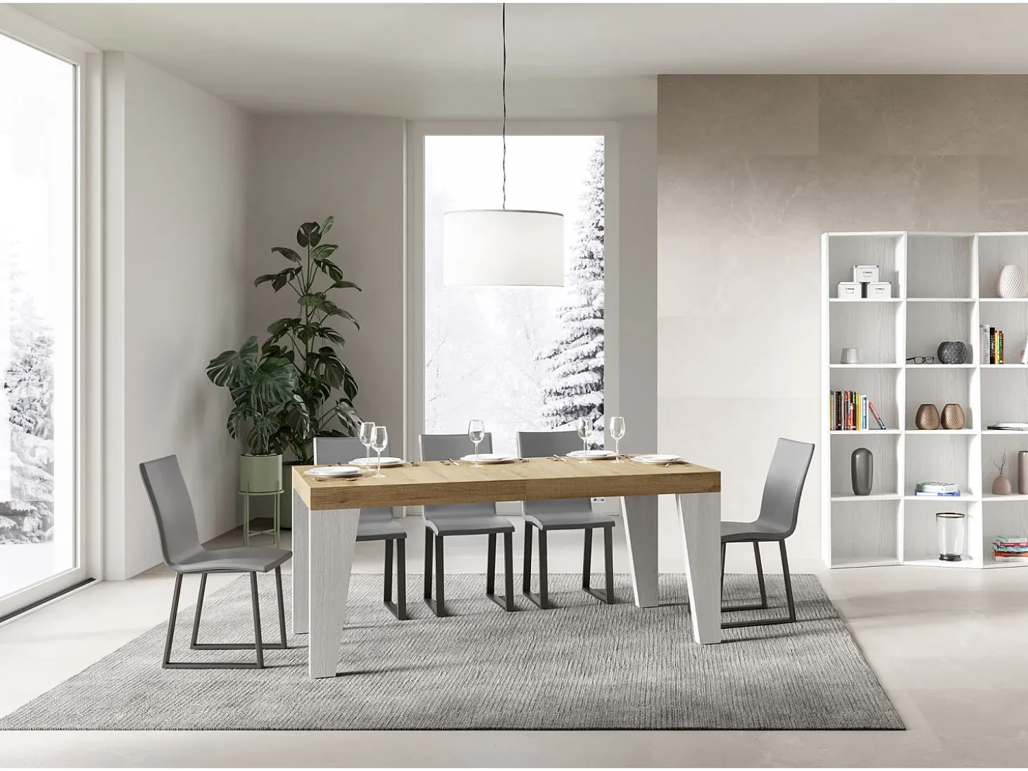 Mesa extensible 90x160/264 cm Naxy Mix Tapa Roble Nature - Patas Fresno Blanco