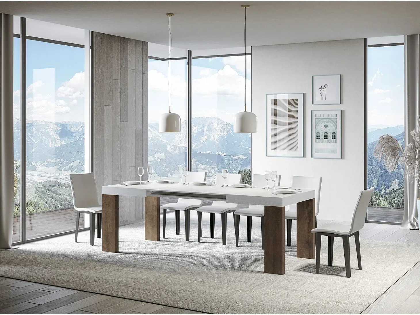 Mesa extensible 90x130/390 cm Roxell Mix Tapa fresno blanco - Patas nogal