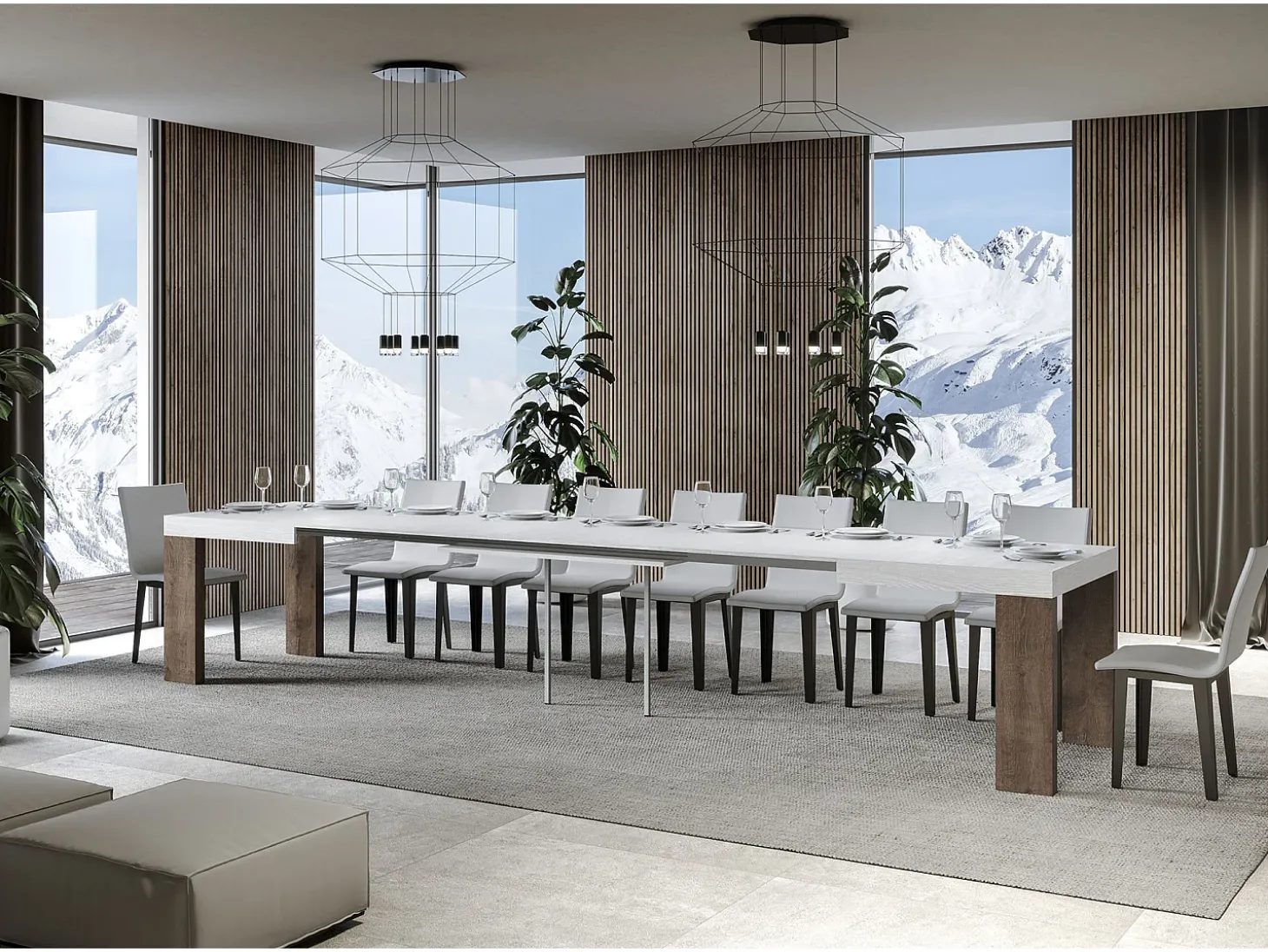 Mesa extensible 90x130/390 cm Roxell Mix Tapa fresno blanco - Patas nogal