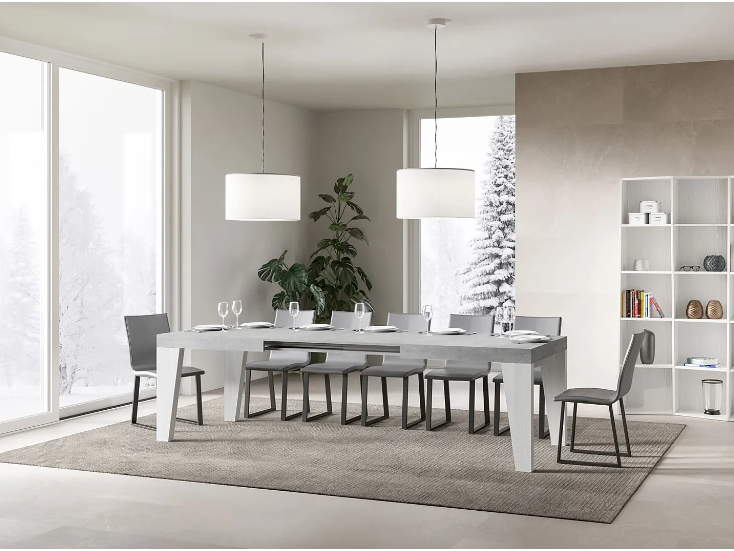 Mesa extensible 90x160/264 cm Tapa de cemento Naxy Mix - Patas de fresno blanco