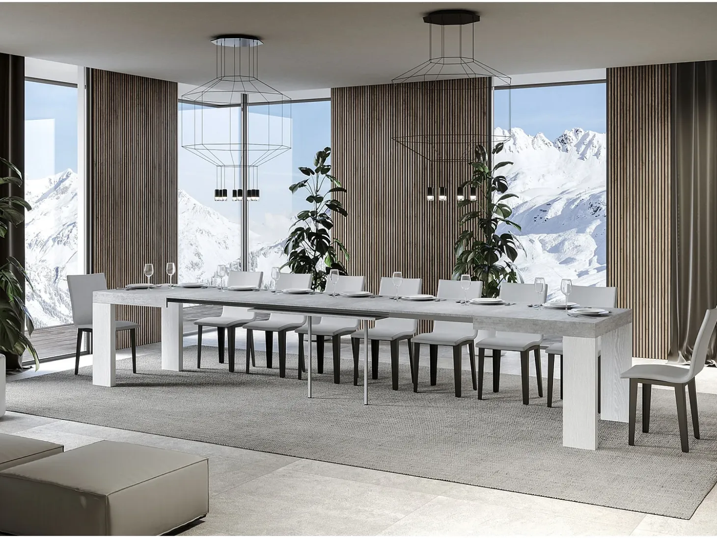 Mesa extensible 90x130/390 cm Tapa Roxell Mix Cement - Patas Fresno Blanco