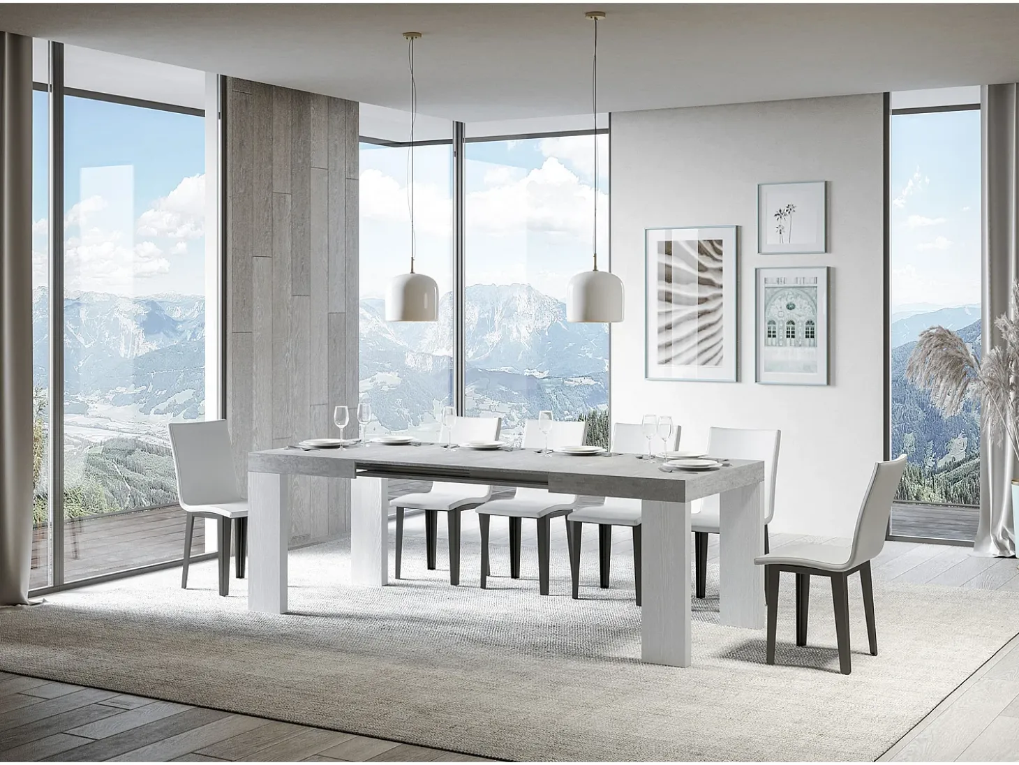 Mesa extensible 90x130/390 cm Tapa Roxell Mix Cement - Patas Fresno Blanco