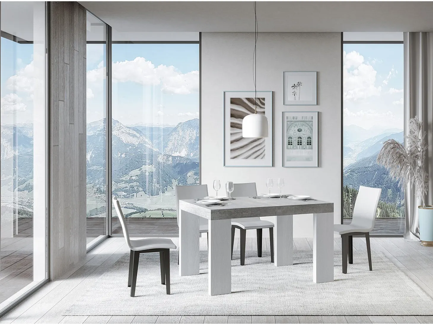 Mesa extensible 90x130/390 cm Tapa Roxell Mix Cement - Patas Fresno Blanco