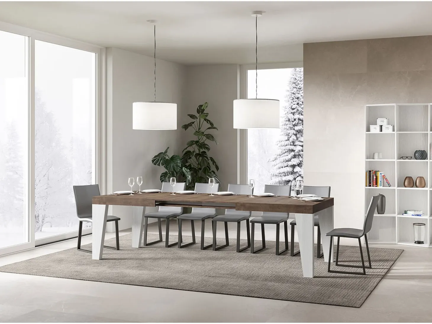 Mesa extensible 90x160/420 cm Tapa Naxy Mix Nogal - Patas Fresno Blanco