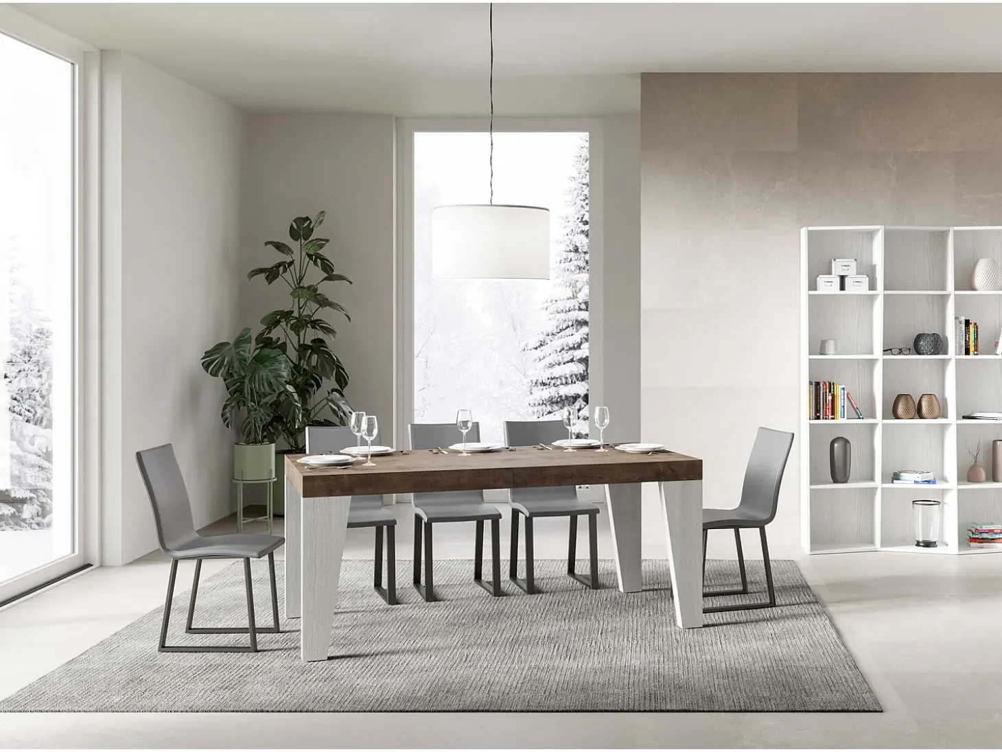 Mesa extensible 90x160/420 cm Tapa Naxy Mix Nogal - Patas Fresno Blanco