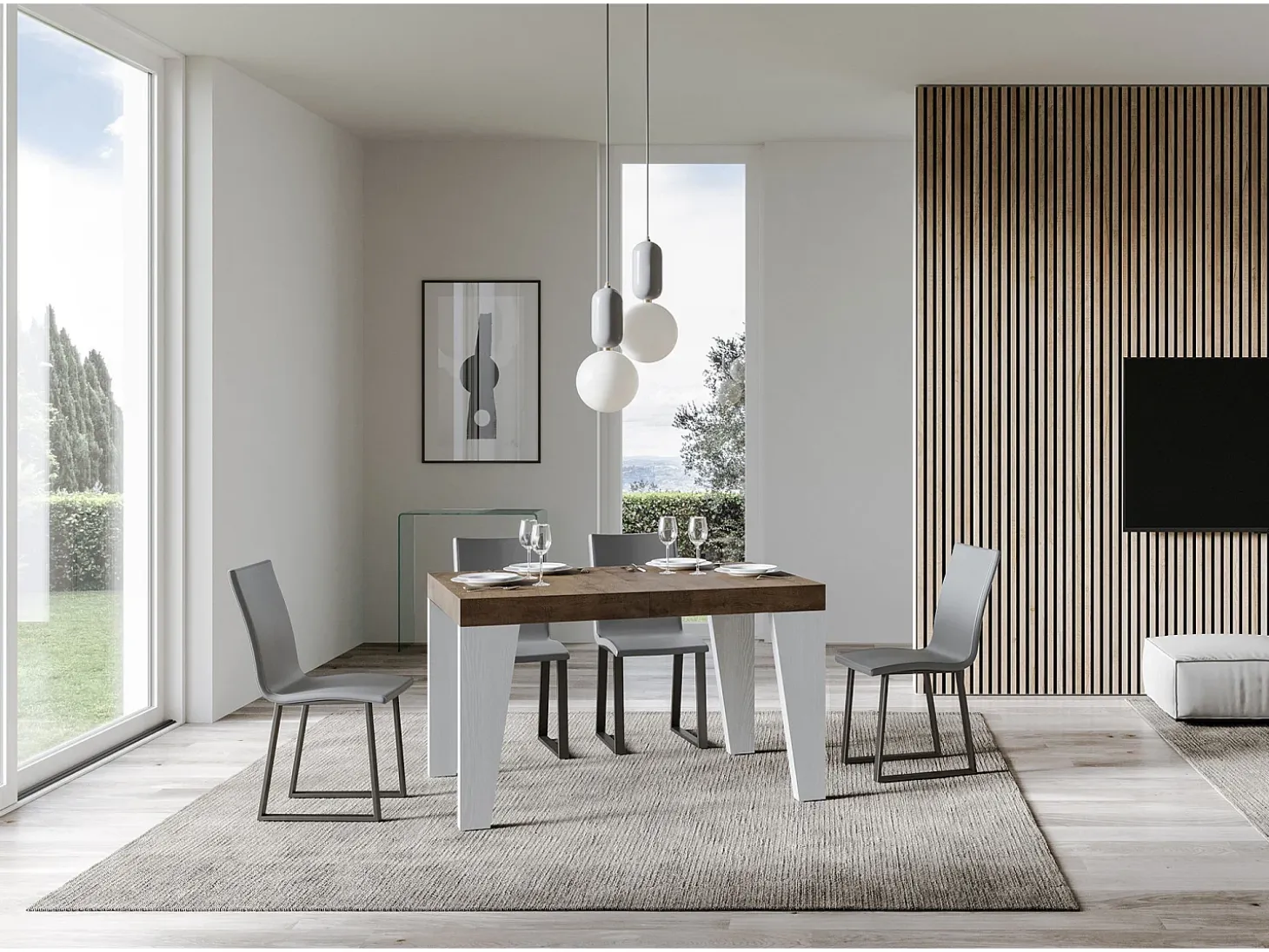 Mesa extensible 90x130/390 cm Tapa Naxy Mix Nogal - Patas Fresno Blanco