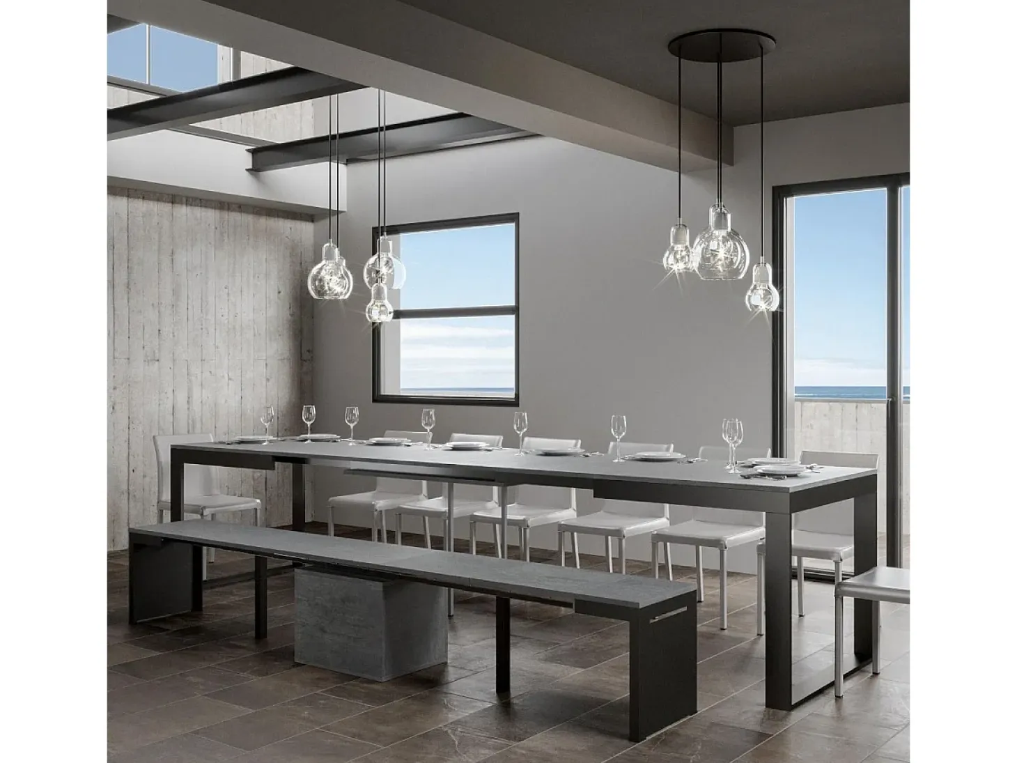 Mesa extensible 180/440x90 cm Tecno Evolution cemento estructura et patas antracita