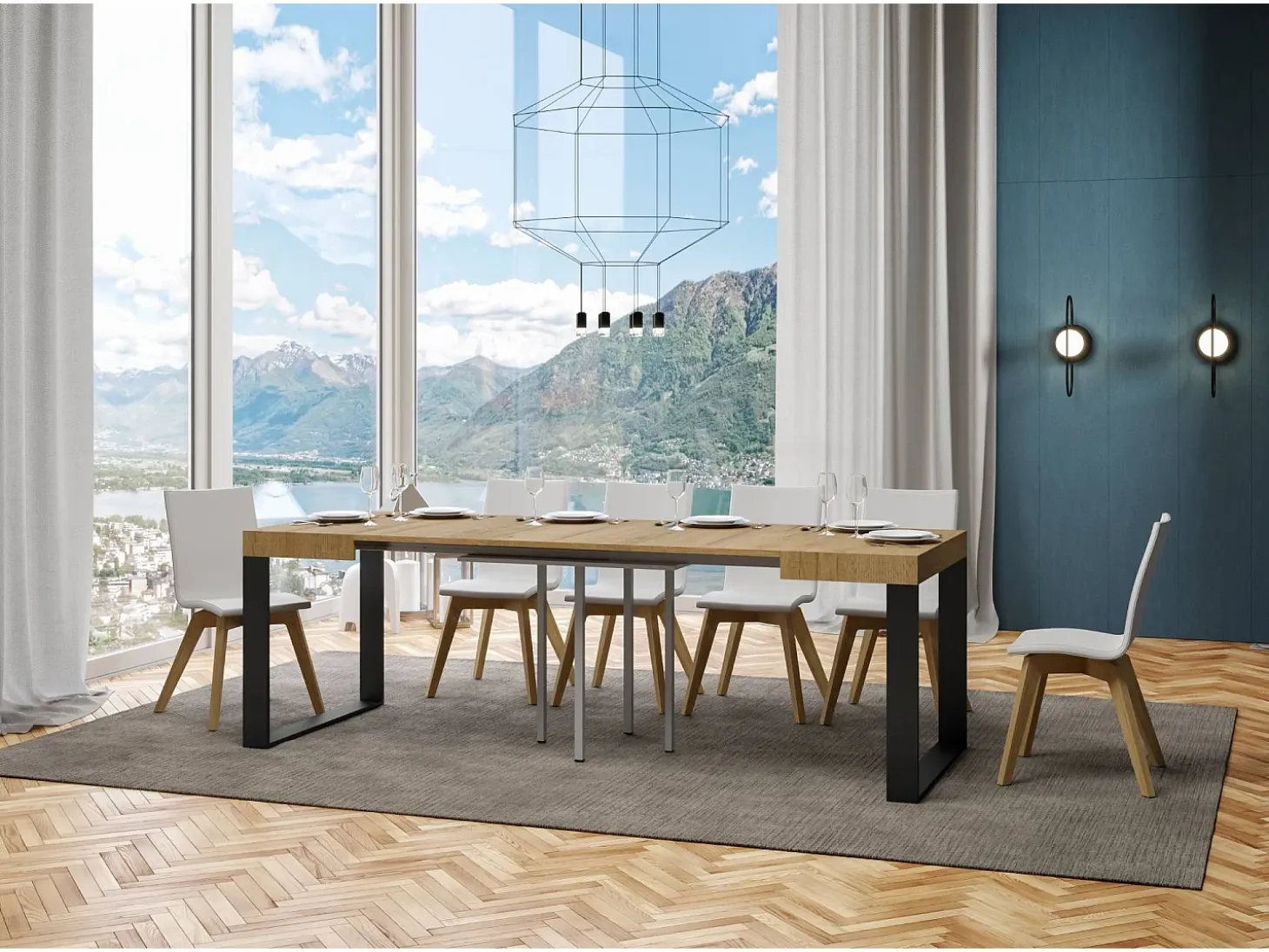 Mesa extensible 90/246x90 cm Tecno roble natural patas antracita