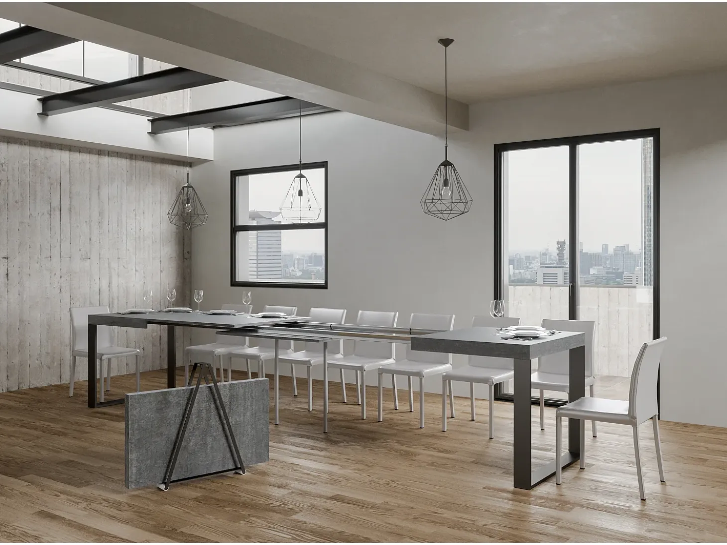 Mesa extensible 180/440x90 cm Tecno cemento patas antracita