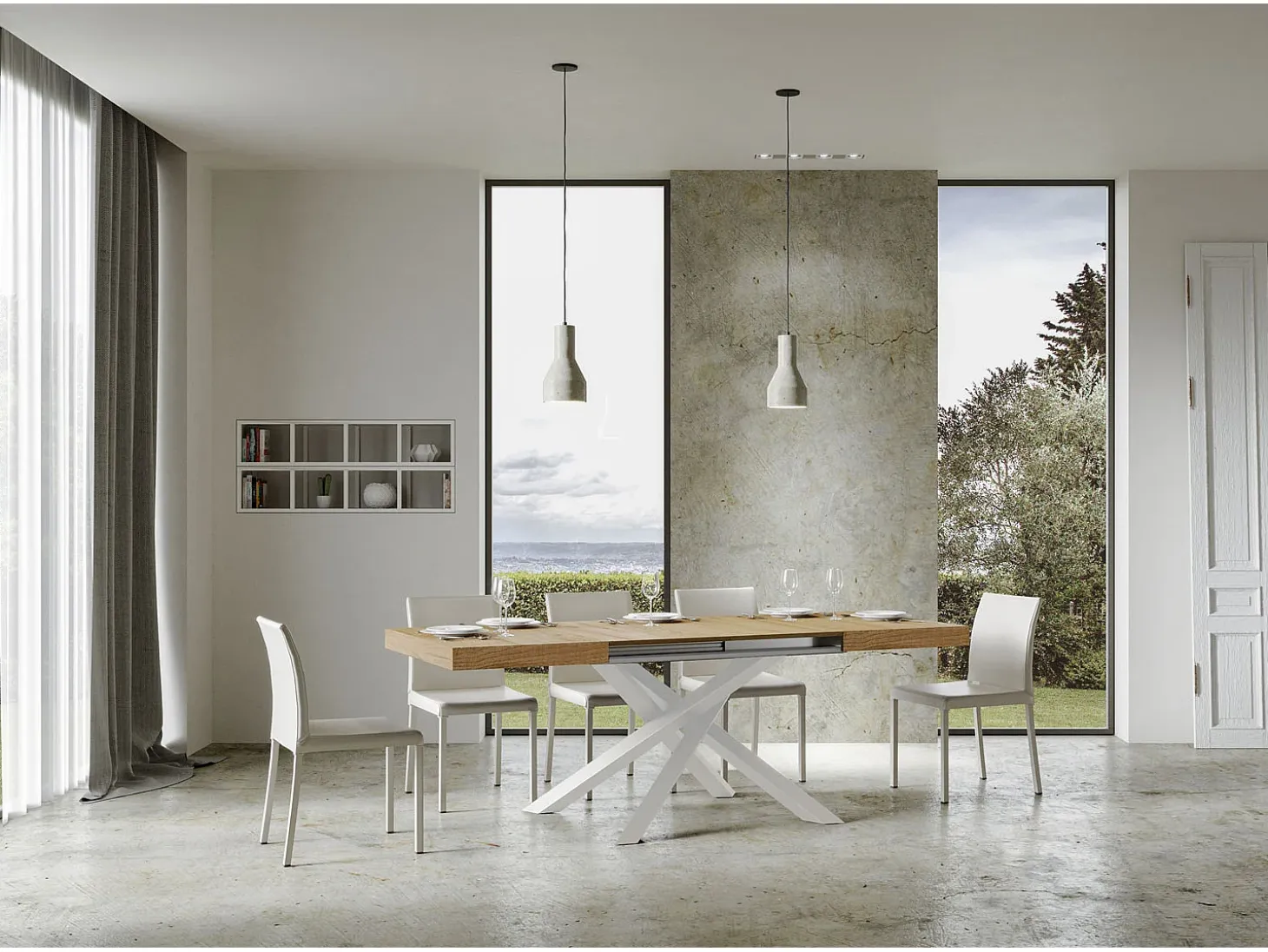 Mesa extensible 130/390x90 cm Volantis roble natural patas blancas