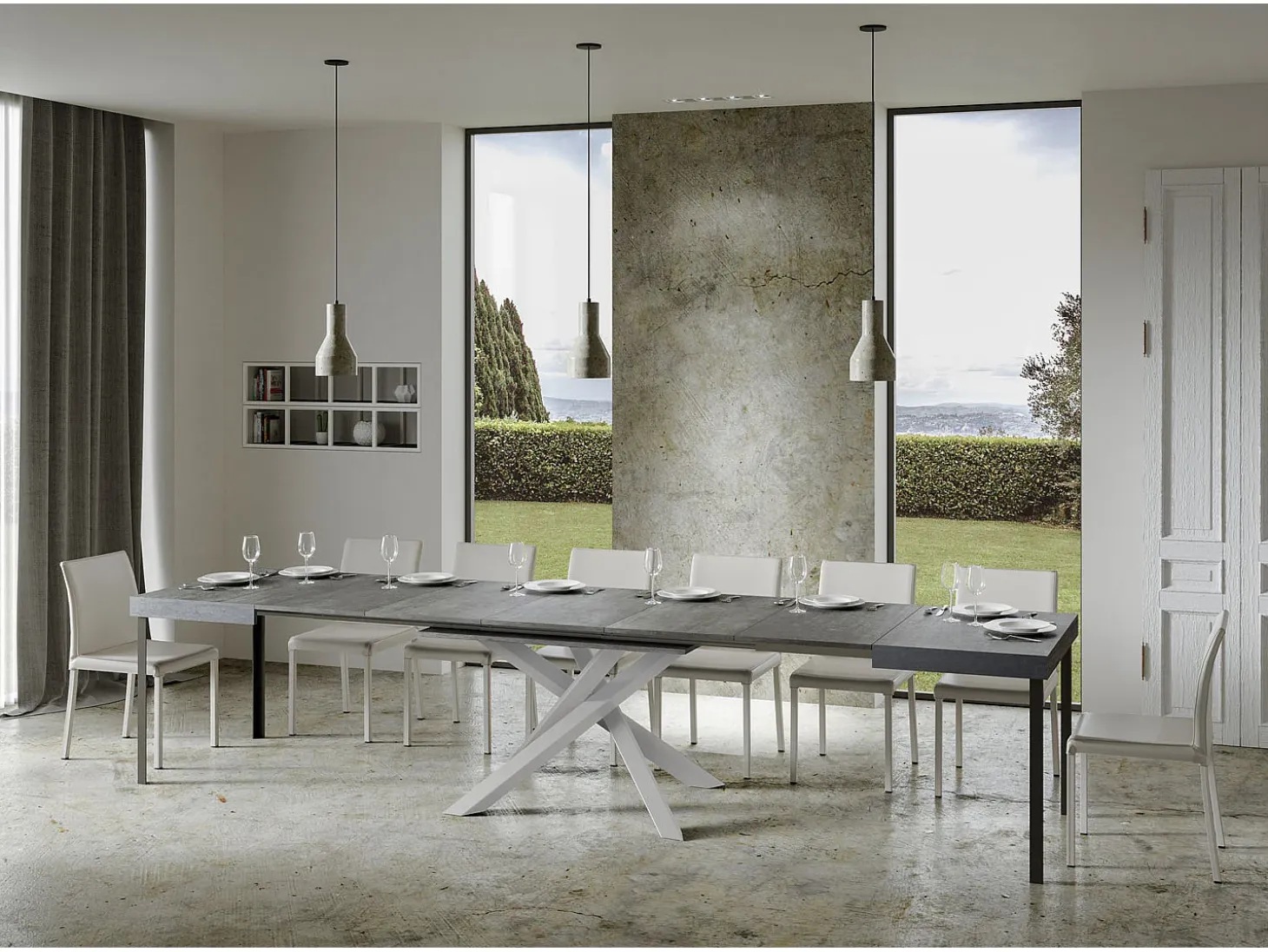 Mesa extensible 140/400x90 cm Volantis cemento patas blancas