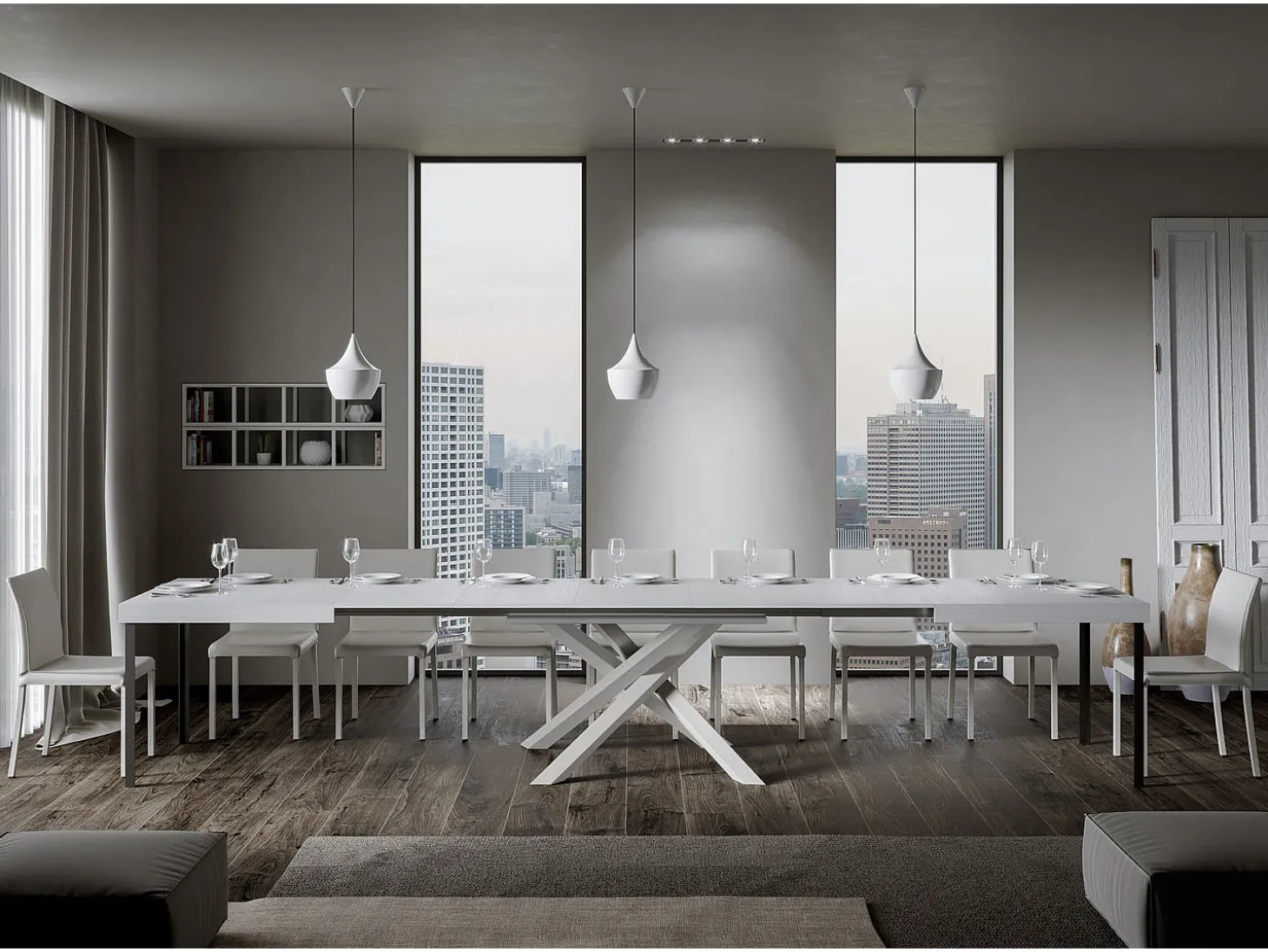 Mesa extensible 180/440x90 cm Volantis fresno blanco patas blancas
