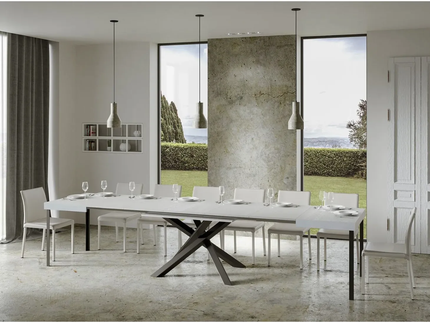 Mesa extensible 160/420x90 cm Volantis fresno blanco patas antracita