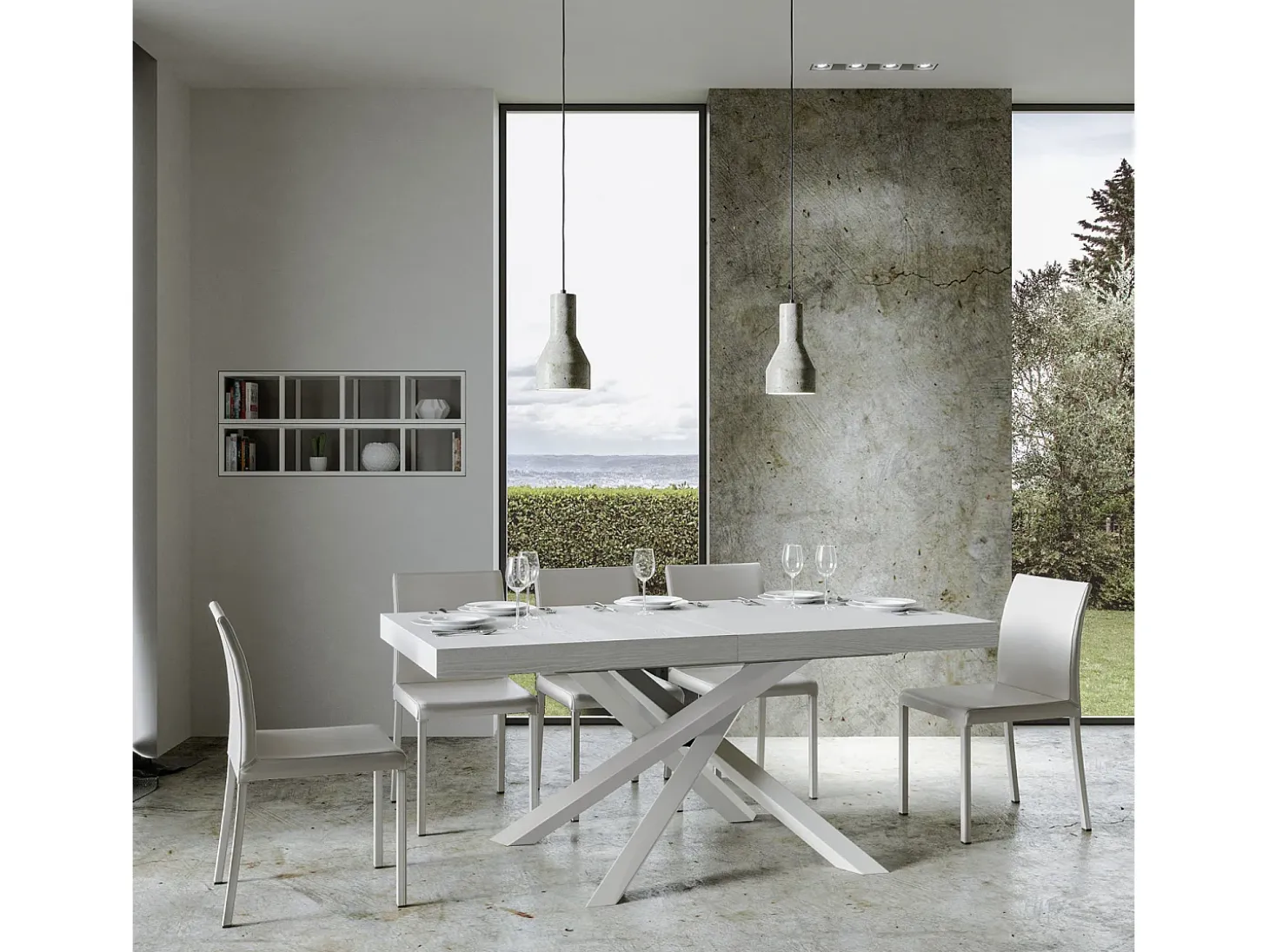 Mesa extensible 160/264x90 cm Volantis fresno blanco patas blancas