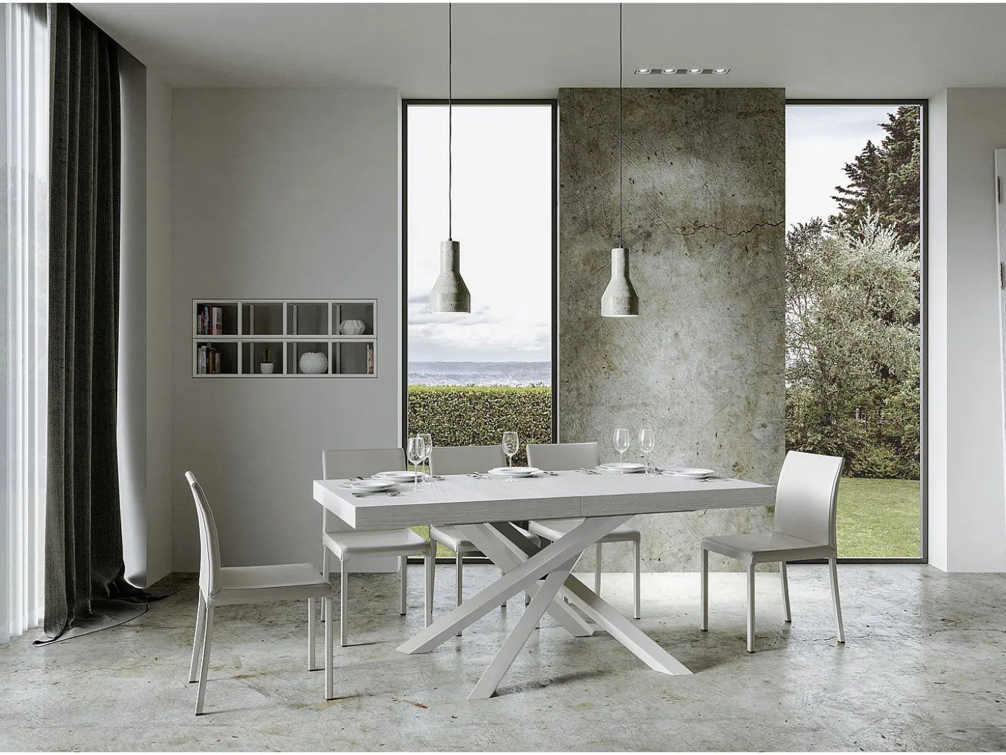 Mesa extensible 160/264x90 cm Volantis fresno blanco patas blancas
