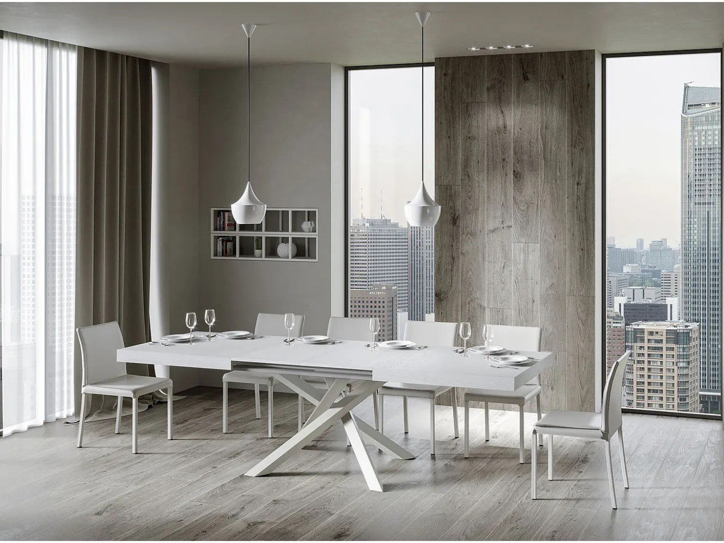 Mesa extensible 160/264x90 cm Volantis fresno blanco patas blancas