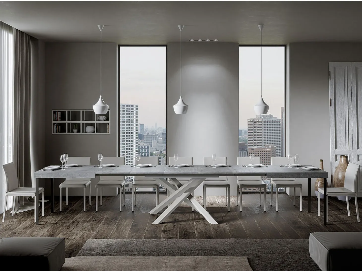 Mesa extensible 180/440x90 cm Volantis cemento patas blancas