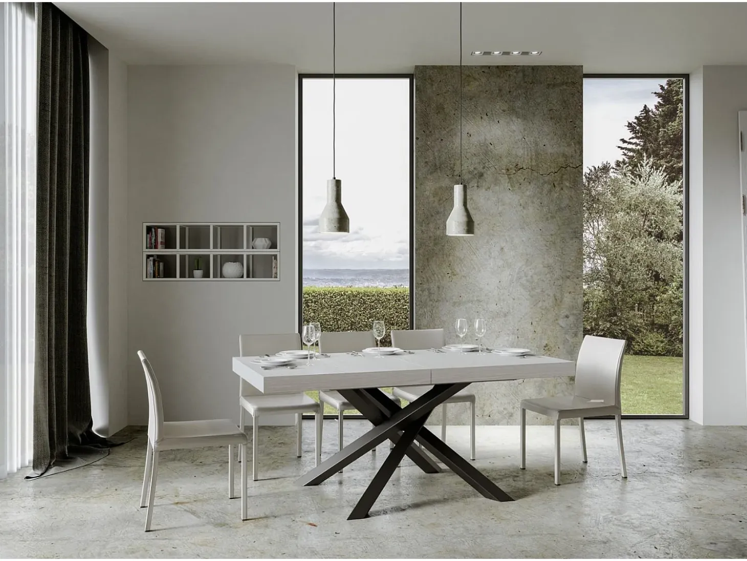 Mesa extensible 160/264x90 cm Volantis fresno blanco patas antracita
