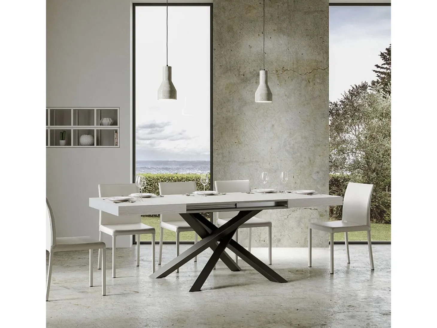 Mesa extensible 160/264x90 cm Volantis fresno blanco patas antracita
