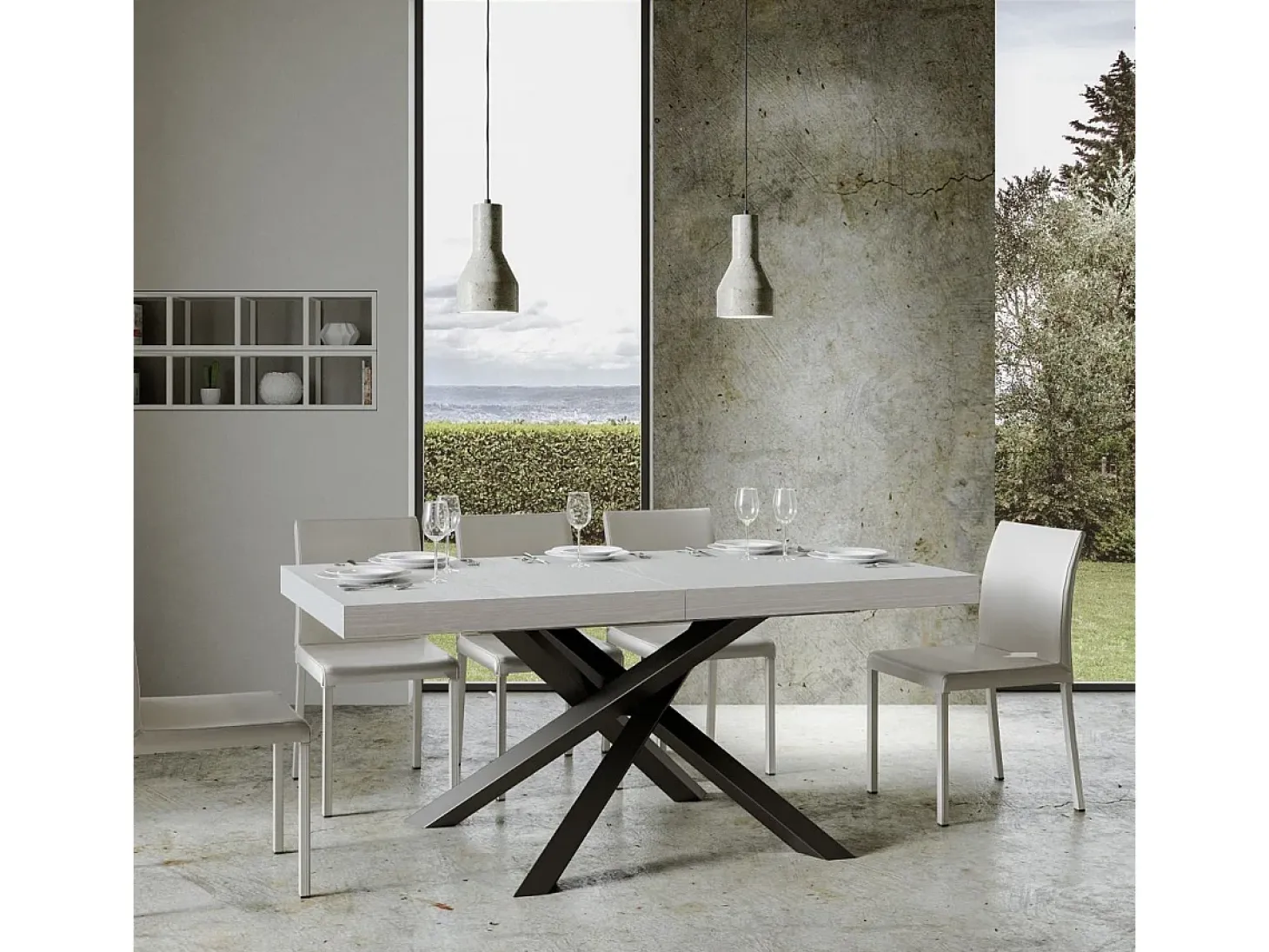 Mesa extensible 160/264x90 cm Volantis fresno blanco patas antracita