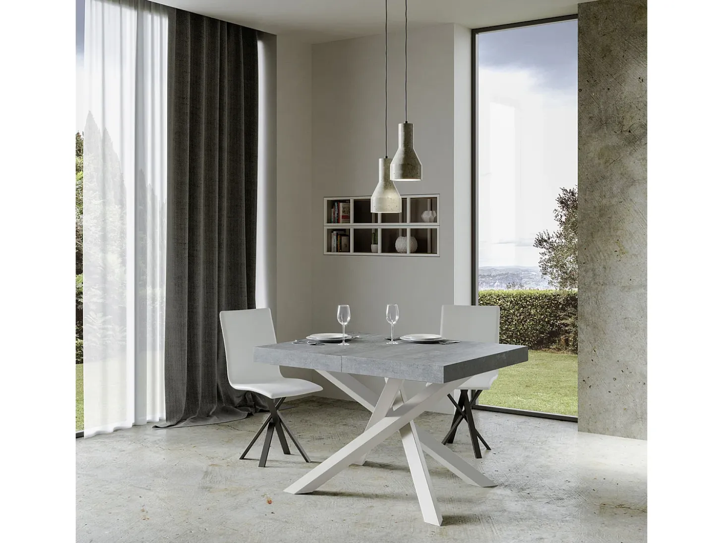 Mesa extensible 130/234x90 cm Volantis cemento patas blancas