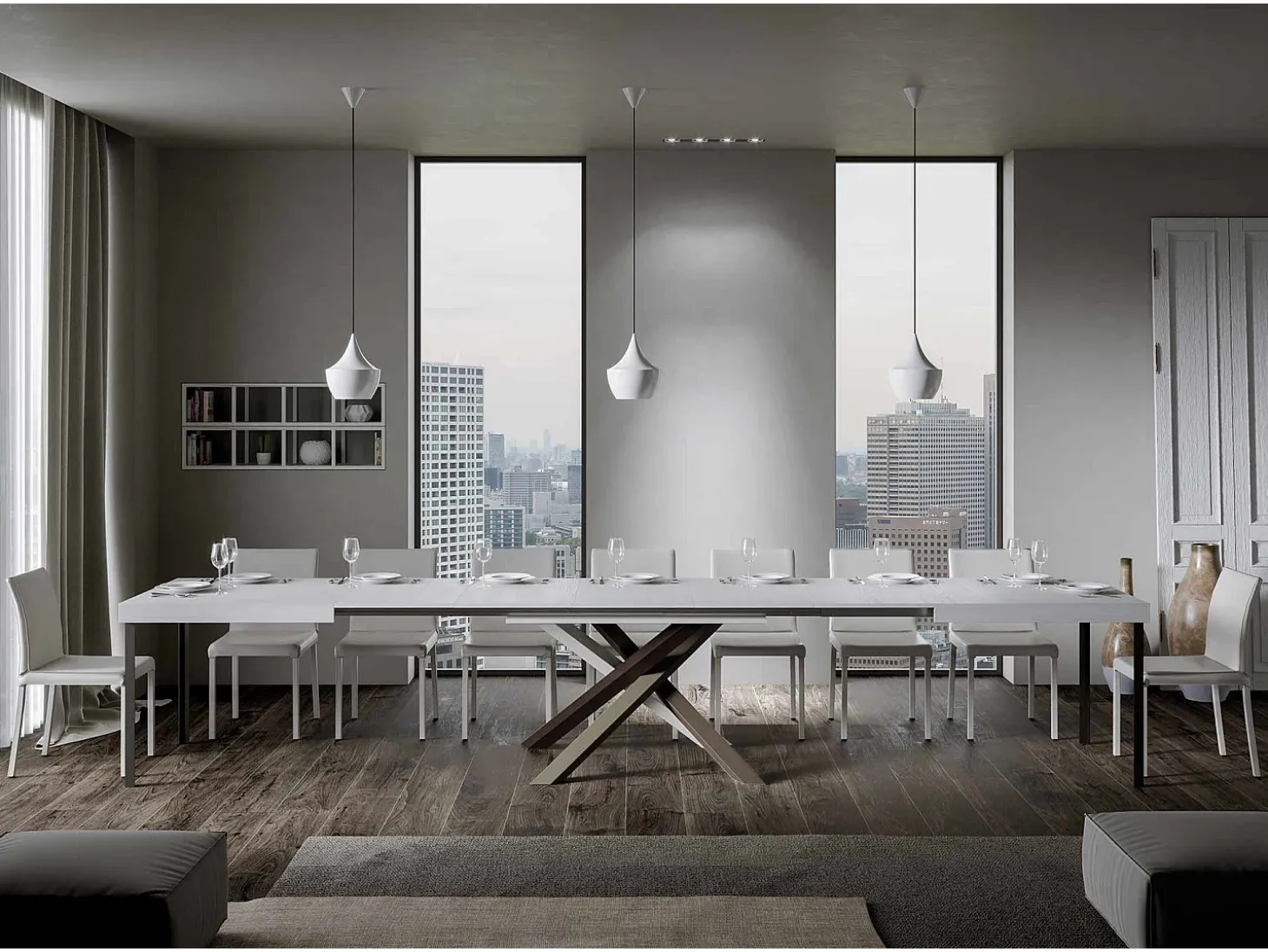 Mesa extensible 180/440x90 cm Volantis fresno blanco patas multicolor 4/C