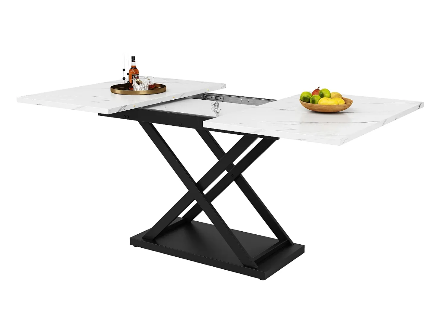 Mesa extensible 120-160x80x75 cm, Mesa telescópica, almacenaje, patas cruzadas de metal negro, para cocina y salón (120-160x80x75 cm)