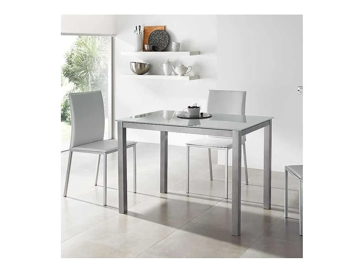 Mesa fija cocina cristal blanco patas grises 75 cm(alto)105 cm(ancho) 60 cm(fondo).
