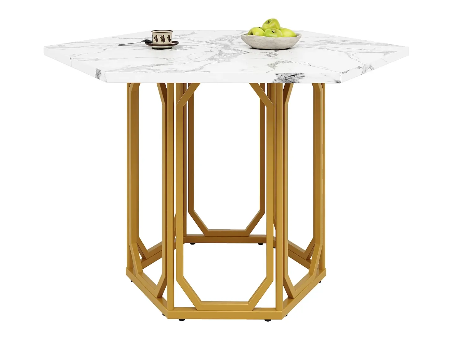 Mesa hexagonal de diseño, tablero de mármol, MDF y metal, color dorado (110,2x95,4x75,5cm)
