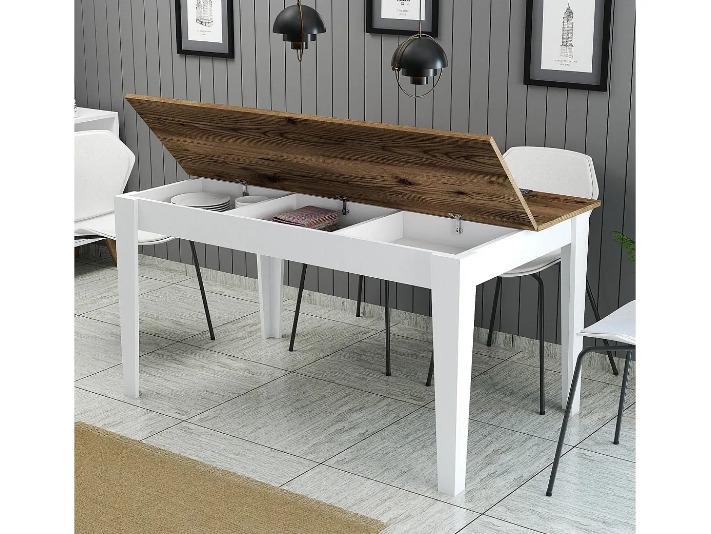 Mesa Kailua B100, Blanco|Nuez|Marrón, 75x88x145cm, Aglomerado laminado