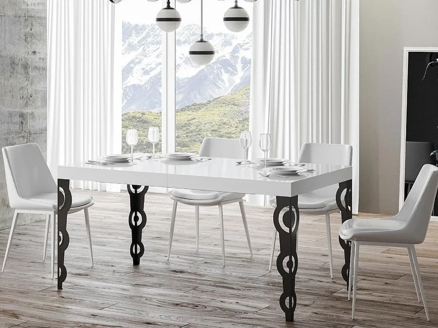 Mesa oriental rectangular extensible para 6 a 10 personas L 130 a 234 cm blanco brillo y ...