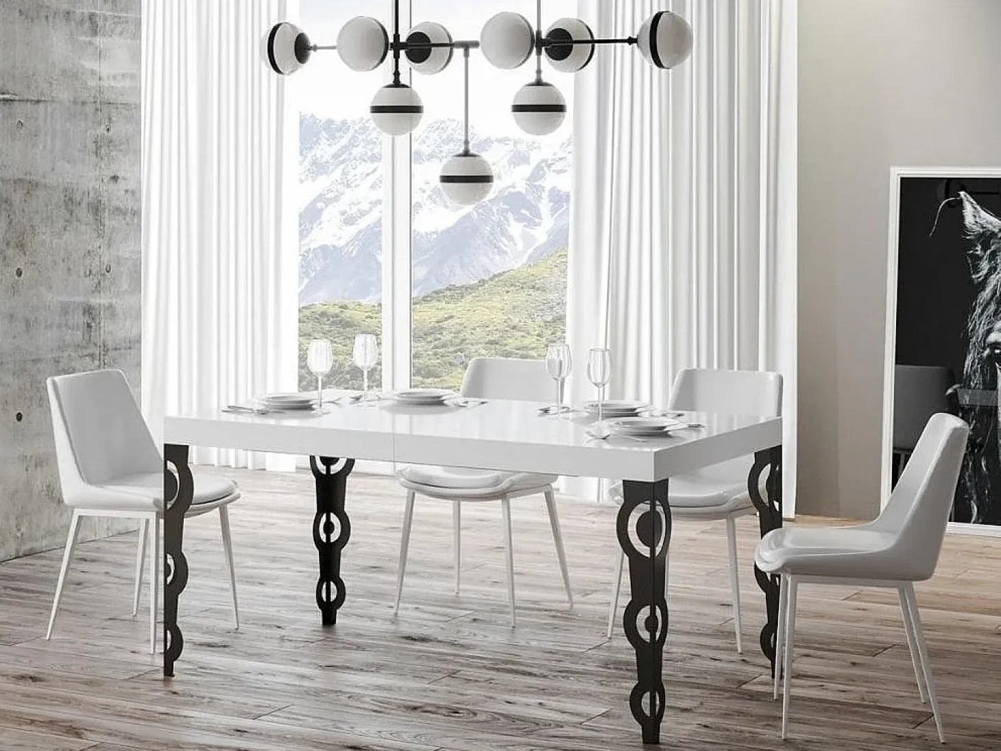Mesa oriental rectangular extensible para 6 a 18 personas L 130 a 390 cm blanco brillo y ...