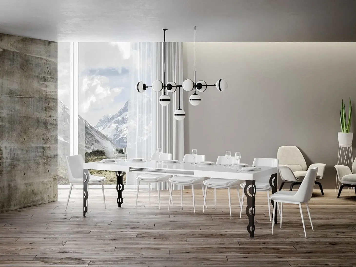 Mesa oriental rectangular extensible para 6 a 18 personas L 130 a 390 cm blanco brillo y ...