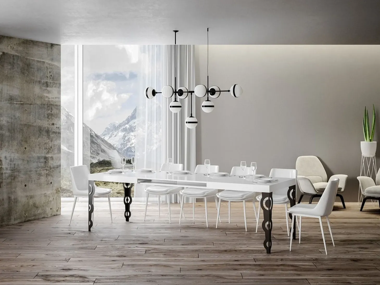 Mesa oriental rectangular extensible para 6 a 14 personas L 180 a 284 cm blanco brillo y ...
